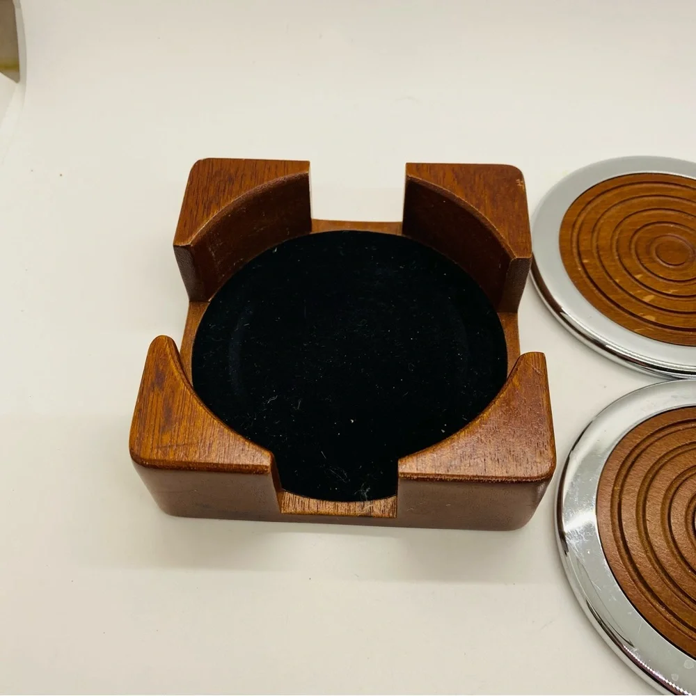 Williams Sonoma Wood and Metal Coasters With Holder. Velvet bottom.Gently Used.